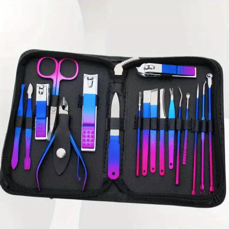 Simples Market stainless steel manicure and pedicure kit (9–18 pcs) in a black travel case with pink–purple gradient handles.