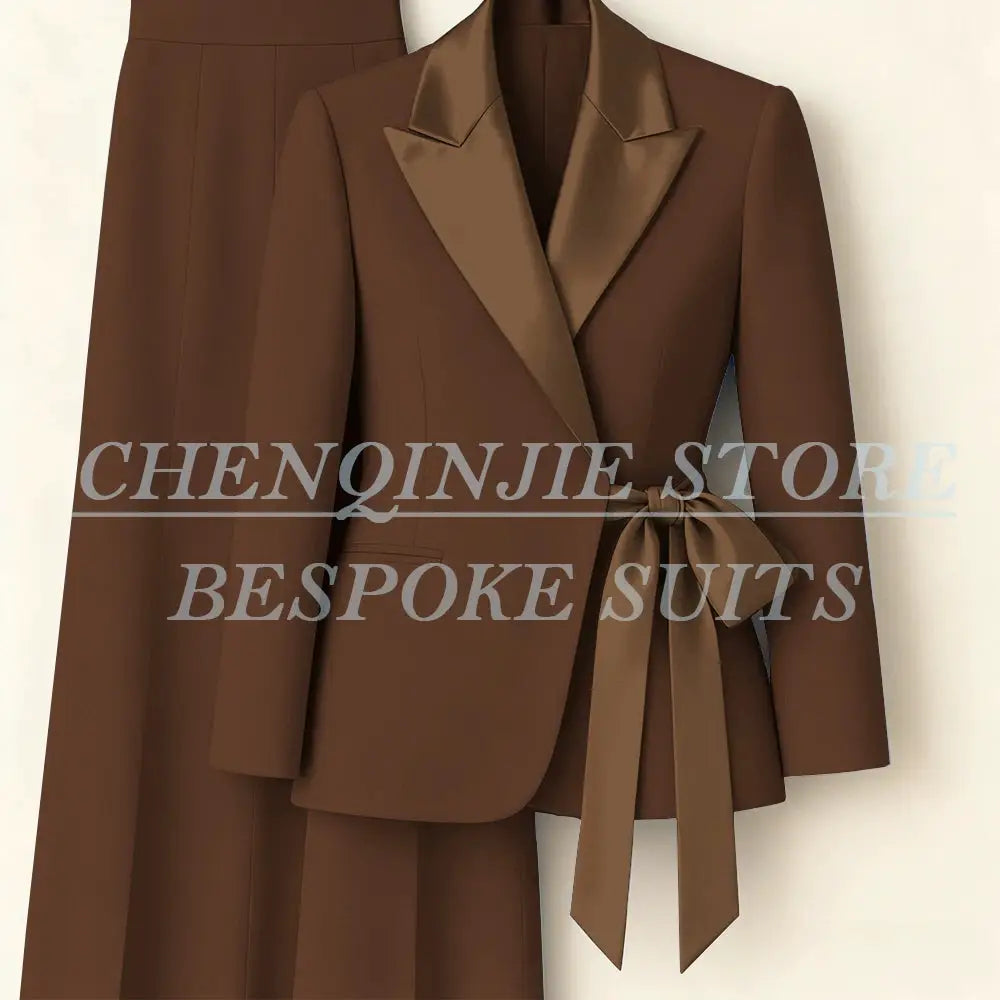 Women's brown 2-piece blazer and skirt suit with satin peak lapels and waist belt from Simples Market
