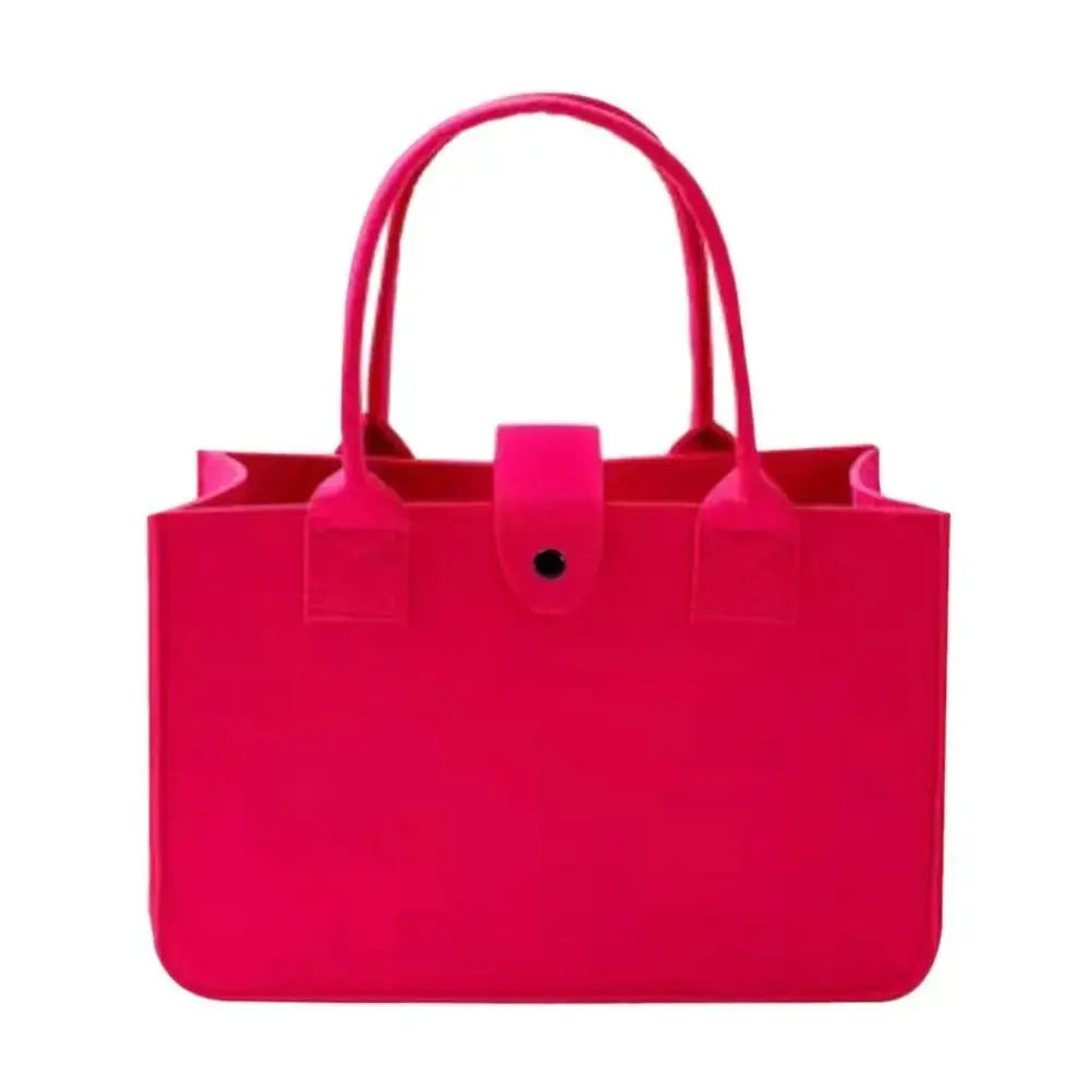 Bright pink felt handbag, large capacity tote with dual top handles and front snap strap closure.
