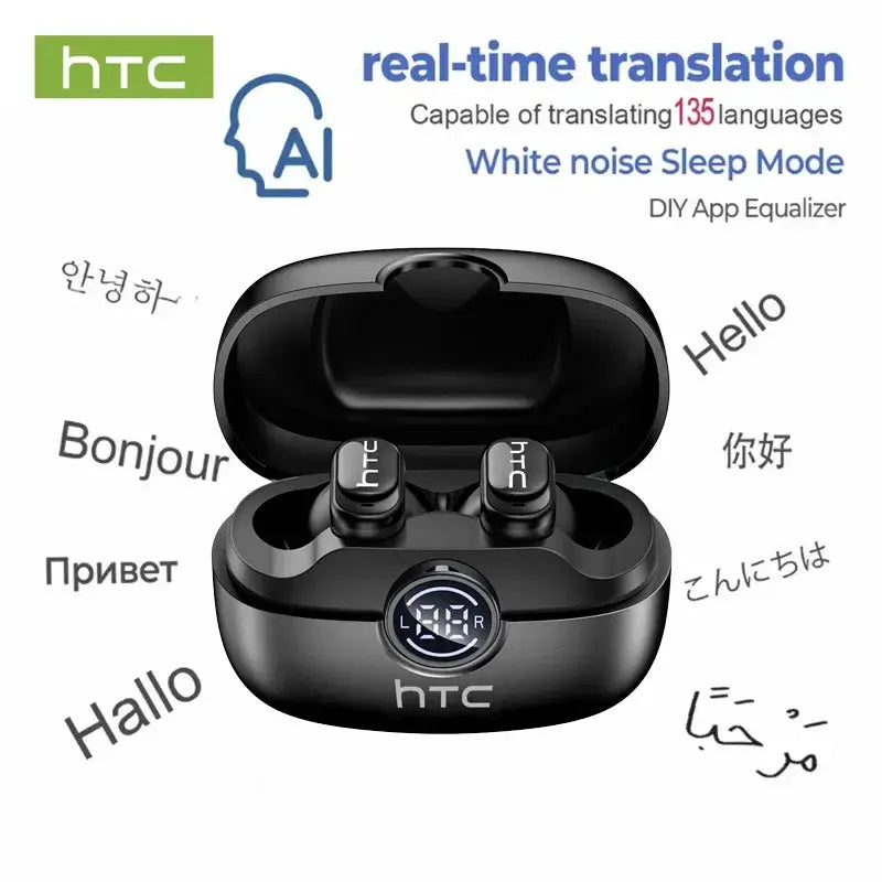 HTC NE79 TWS Bluetooth earbuds pair in charging case with LED display; black, real-time translation