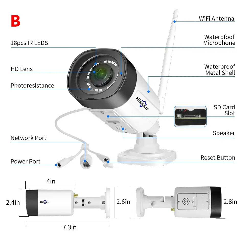 Hiseeu white wireless IP camera (3/5/8MP) with WiFi antenna, SD card slot and IR LEDs