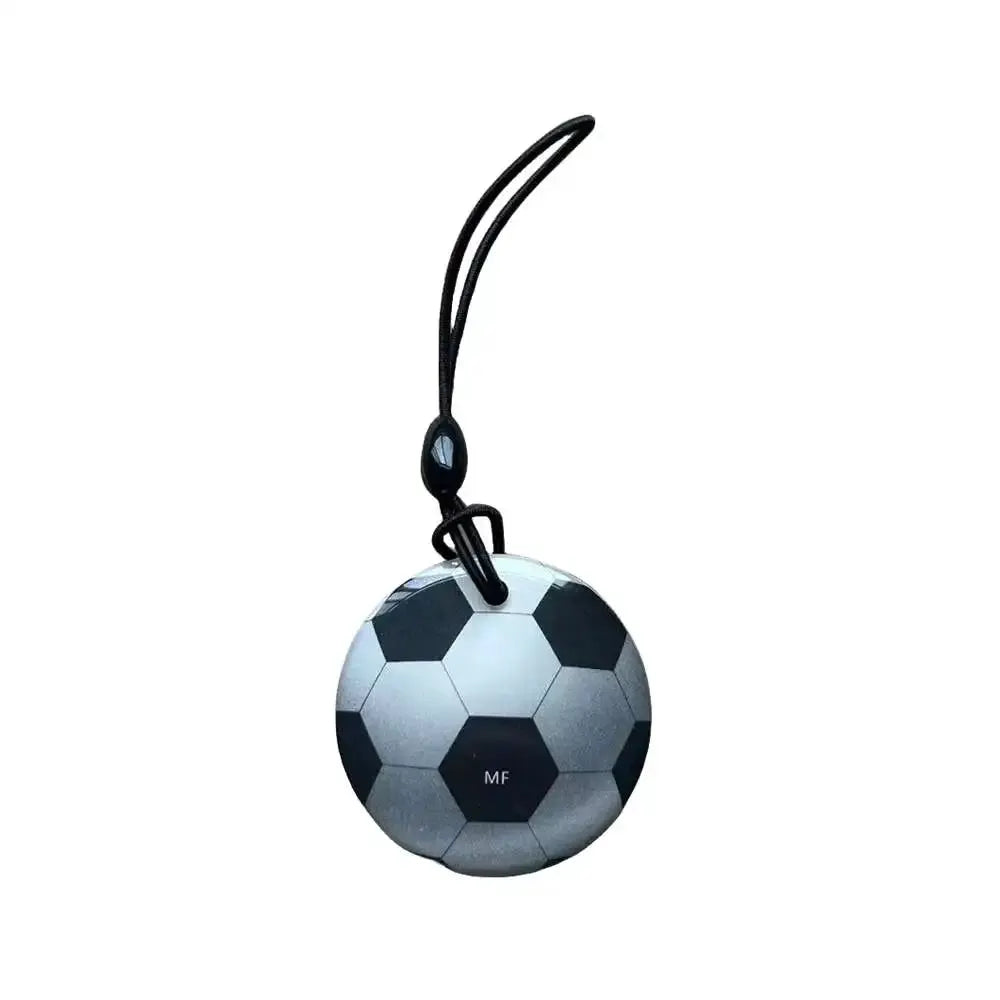 RFID keyfob round tag with soccer ball pattern on black lanyard Simples Market