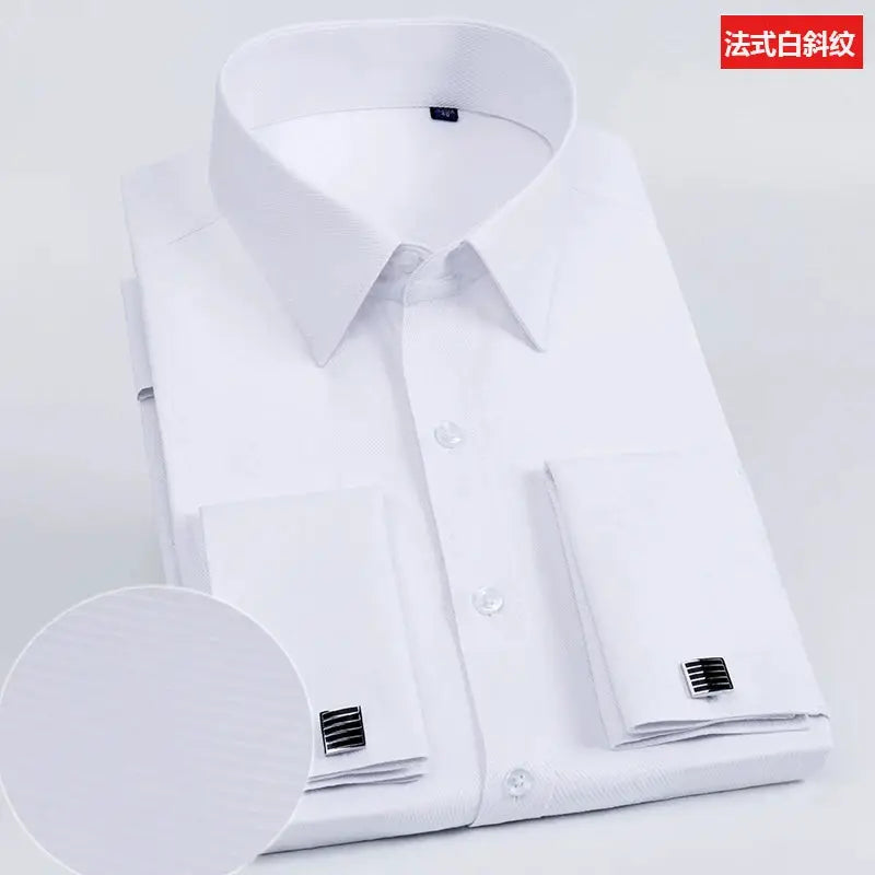 Men's white dress shirt with French cuffs and cufflinks; slim fit long sleeve