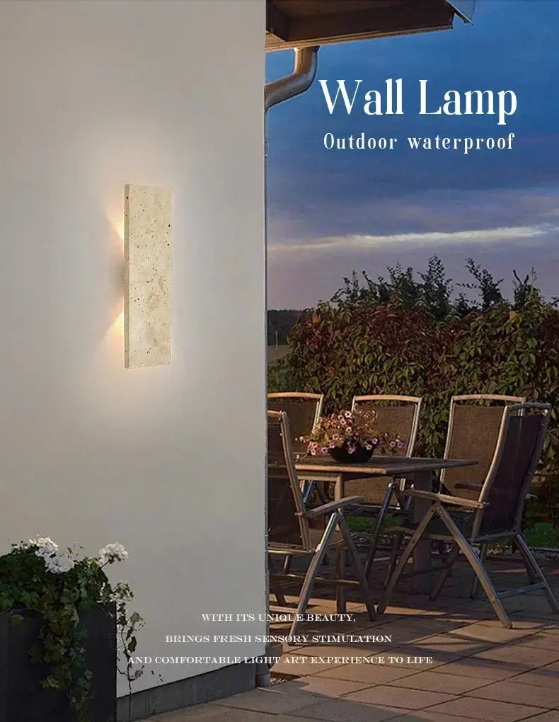 Simples Market outdoor waterproof natural stone wall lamp, 18W LED vertical fixture on white exterior wall