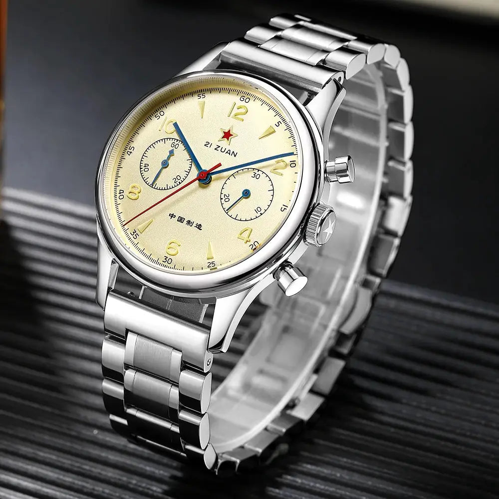 Red Star 1963 pilot chronograph watch by Simples Market, stainless steel bracelet, cream dial