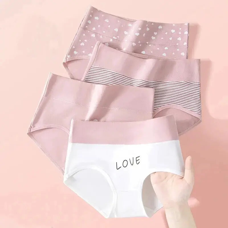 4-pack women's high-waist panties in pastel pink/white with heart print, stripes and LOVE graphic; breathable cotton