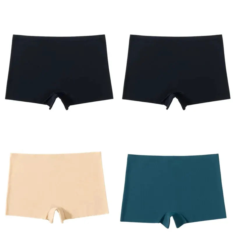 4-pack women's seamless boyshorts in black, black, nude and teal; breathable silk-satin underwear.