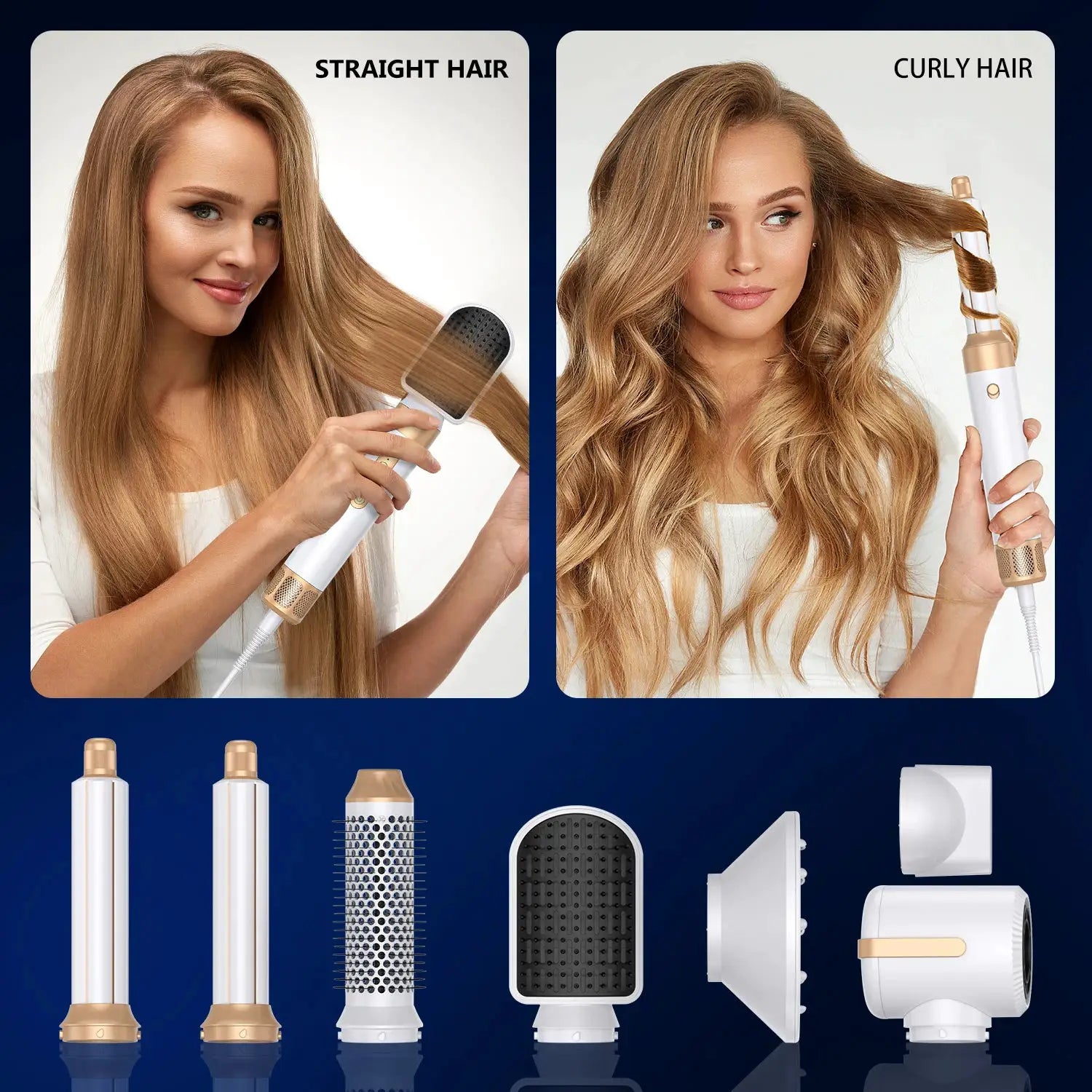 7-in-1 hair dryer brush set by Simples Market in white and gold with diffuser and attachments for straight and curly hair.