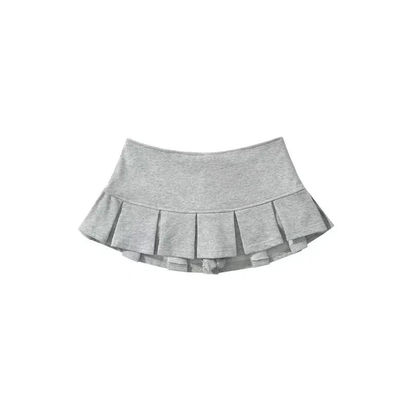 Mooyufon fabric Y2K mini skirt by Simples Market, light grey low-waist pleated mini with wide-pleat design