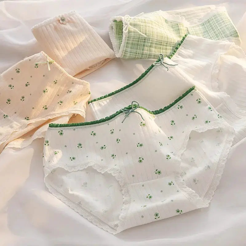 5-pack cotton women's mid-waist panties with floral print and green trim