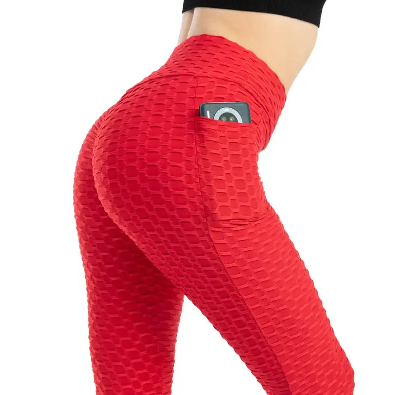 Women fashion red bubble-textured pocket leggings, high-waist with phone pocket, Simples Market.