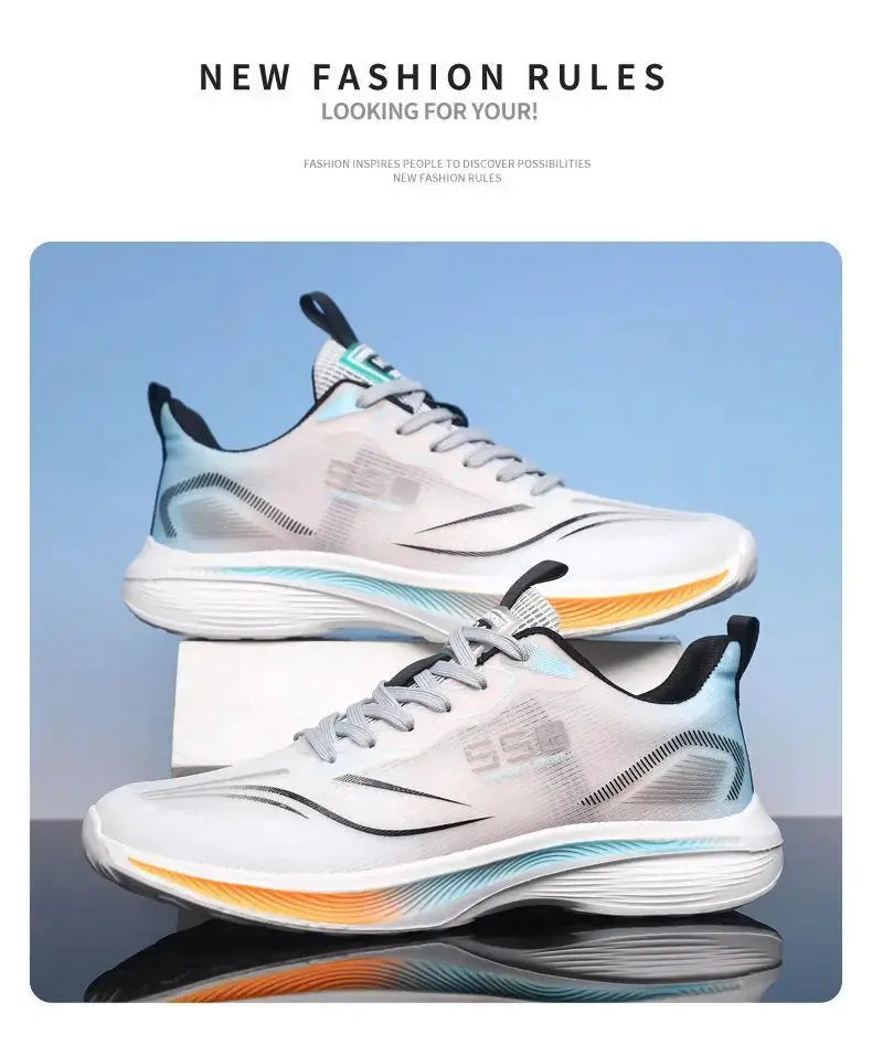 Pair of men's running shoes, white and gray sneakers with blue teal accents and orange sole details, Simples Market.