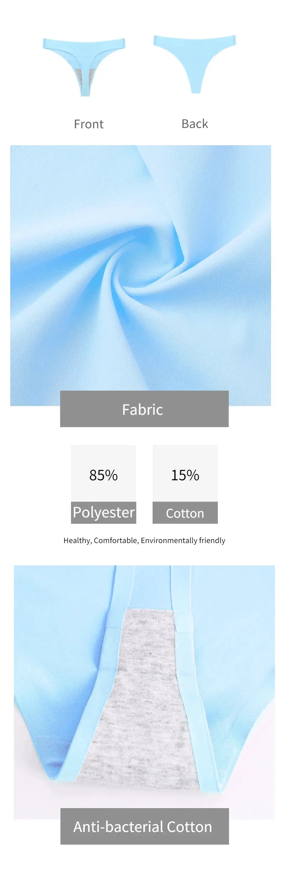 WarmSteps 3-piece light blue seamless thong set for women; low-rise, polyester-cotton fabric by Simples Market