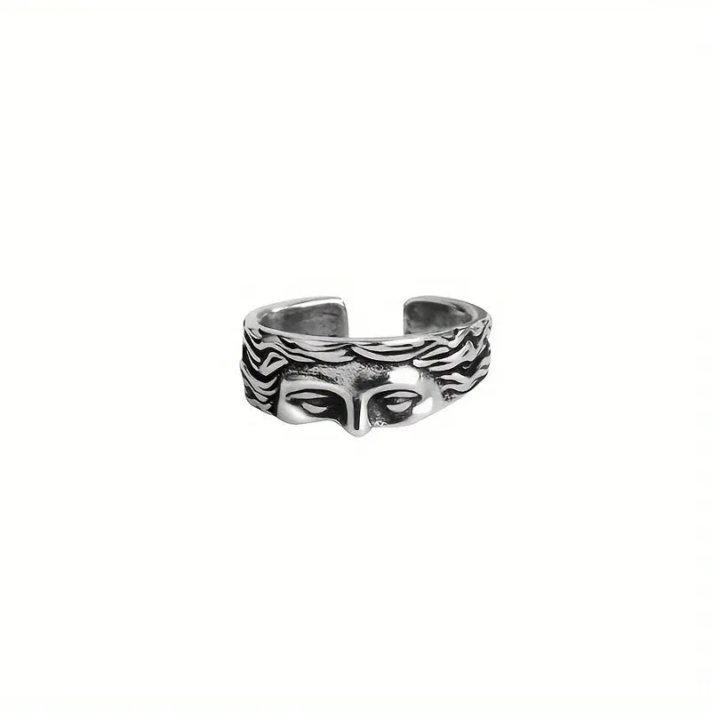Venus Mask Ring For Men Retro Thai Silver Relief Adjustable Opening Ring Gift Vintage Style Accessory