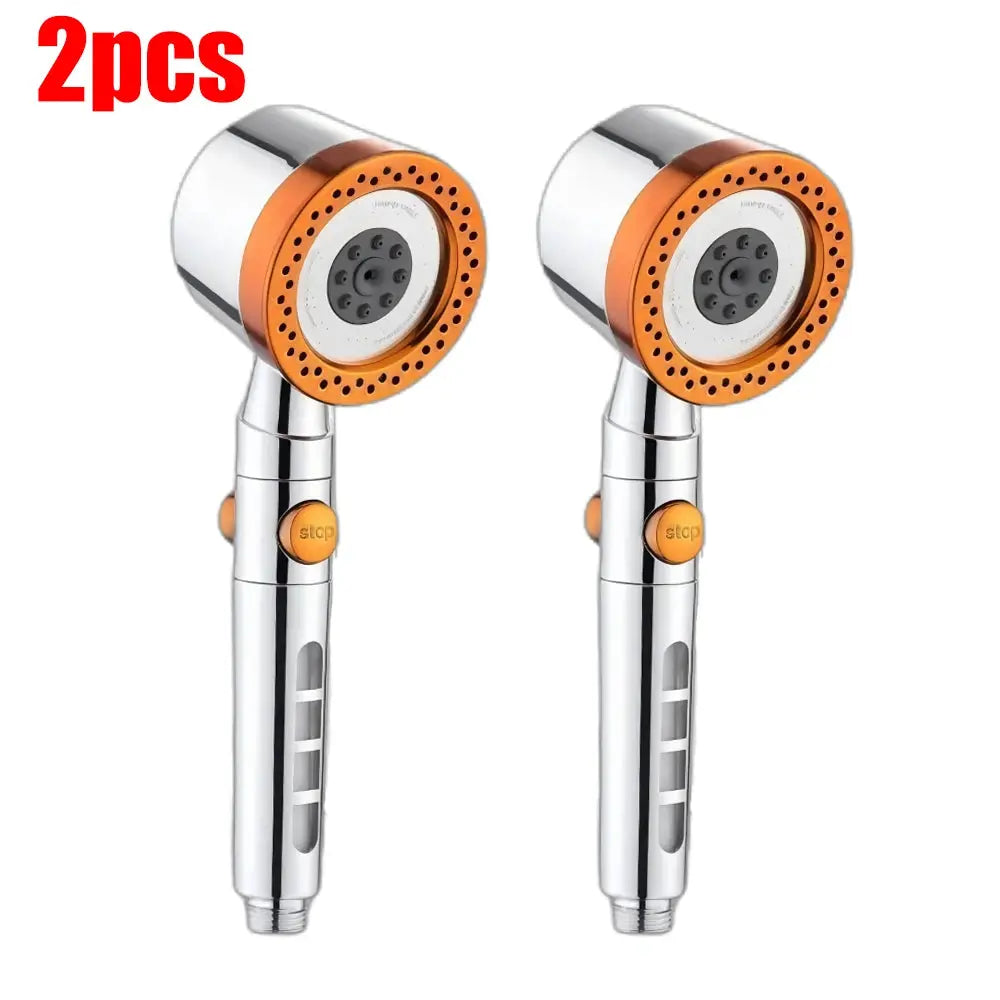 2pcs handheld shower heads, chrome finish with orange ring, high-pressure 5-mode rain shower set