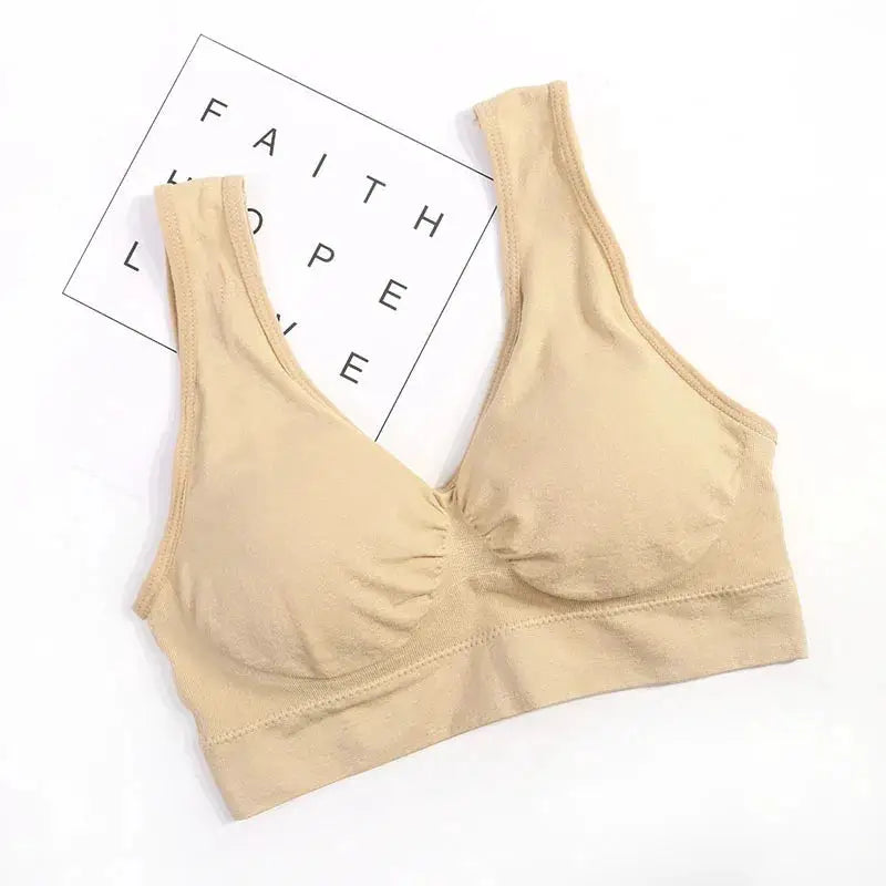 Sports bra push-up wireless beige, double-layer seamless design for gym, yoga, and everyday workouts