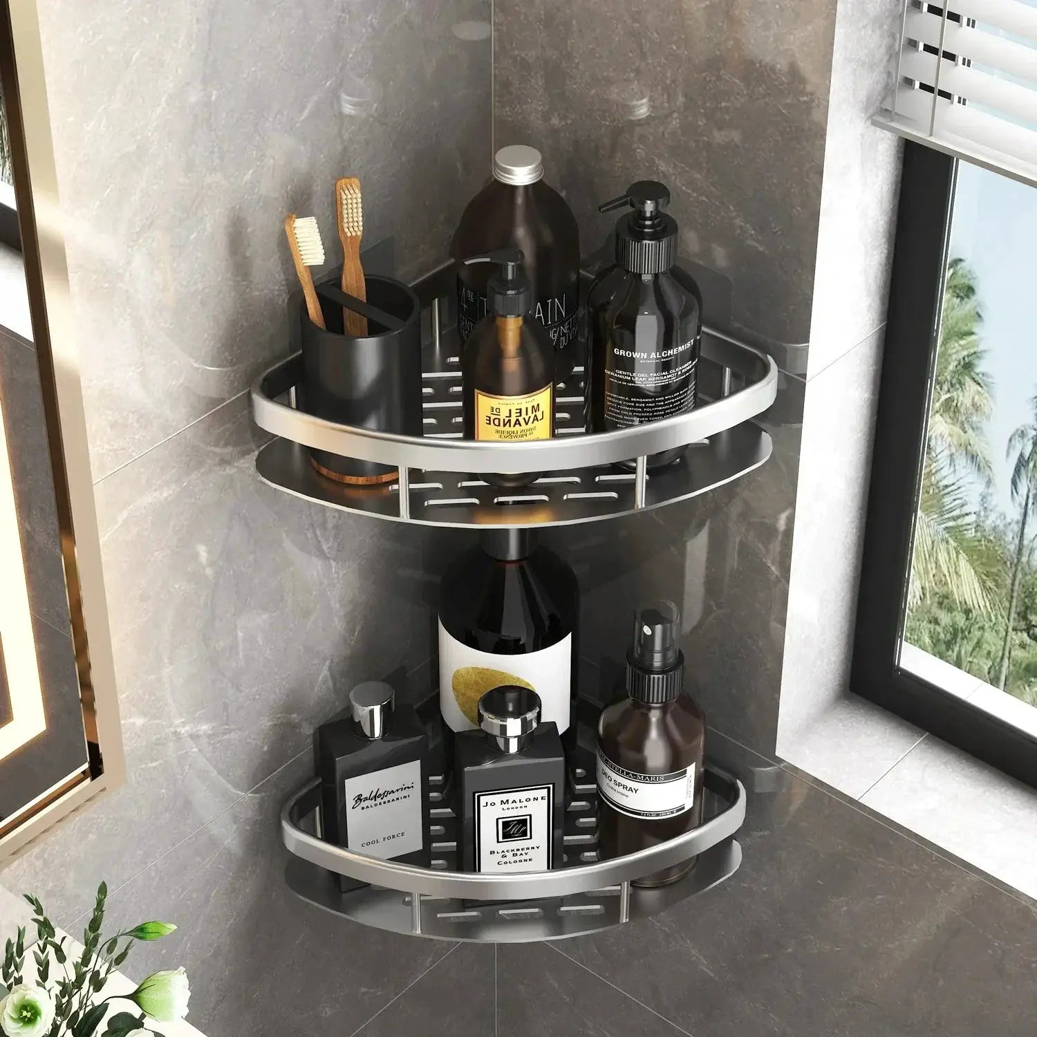 Bathroom shelf organizer by Simples Market; aluminum 3-tier corner shower rack, no-drill, metallic gray