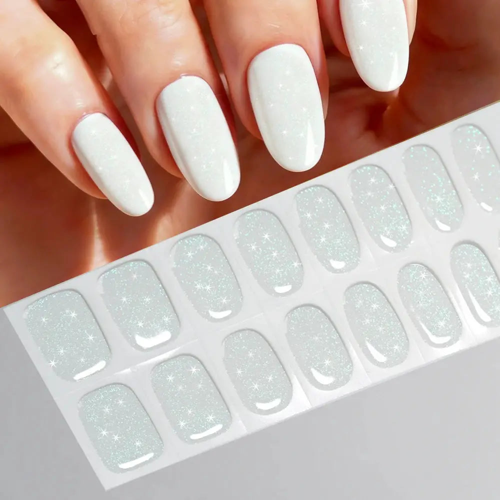 Nail wrap stickers 16Tips by Simples Market with pale blue glitter full-cover decals sheet