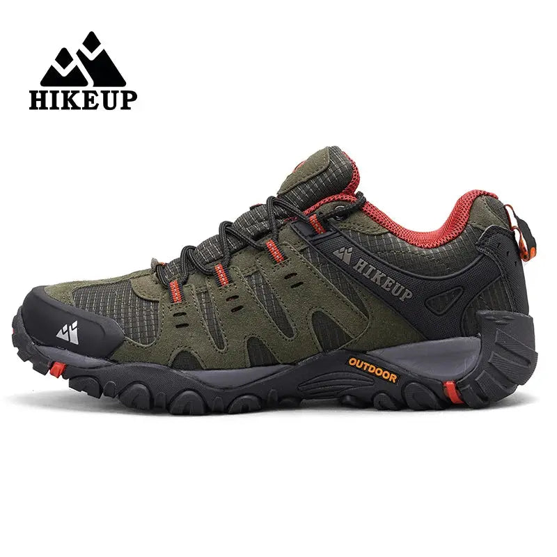 HIKEUP men's hiking shoes, olive suede leather with black outsole, orange accents and HIKEUP branding