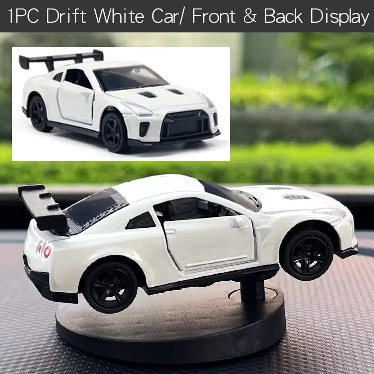 White drift car model toy on display stand with black wheels and rear spoiler