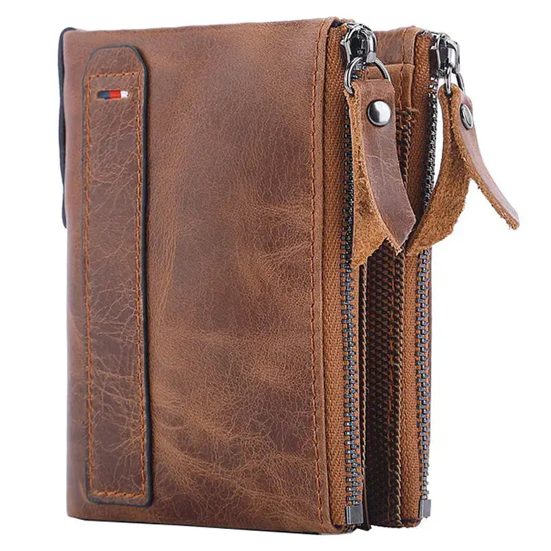Men's brown genuine cow leather wallet with dual zip compartments, Simples Market
