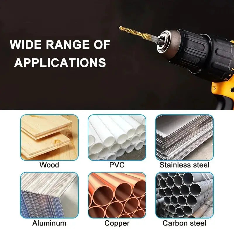6 Piece High Speed Steel 4341 Titanium Plated Tap Drill And Tap Set With Integrated Tap For Chamfering