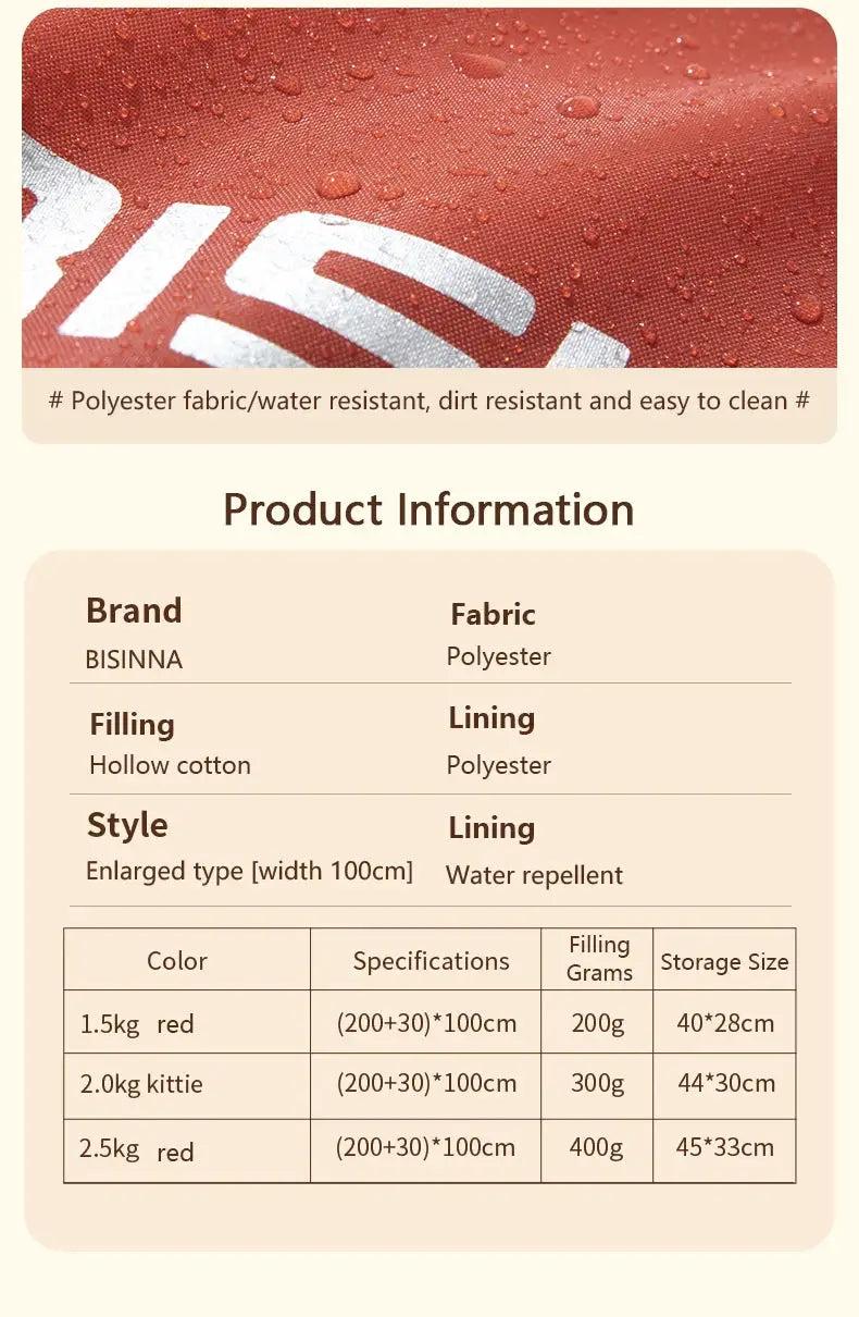 BISINNA large camping sleeping bag, polyester fabric with water-repellent lining, hollow cotton filling, 100cm width.