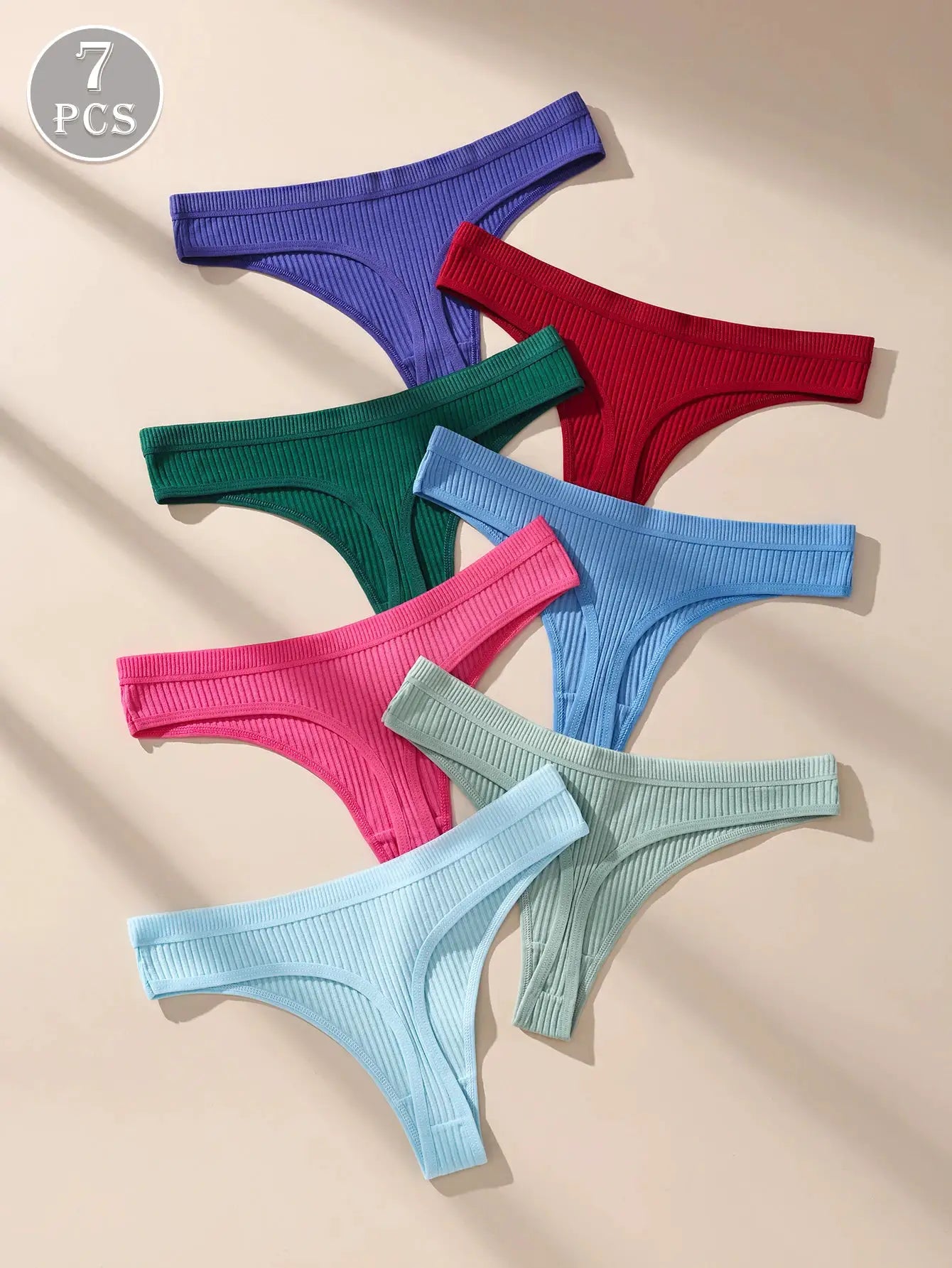 7-piece set of women's cotton ribbed thong panties in assorted colors