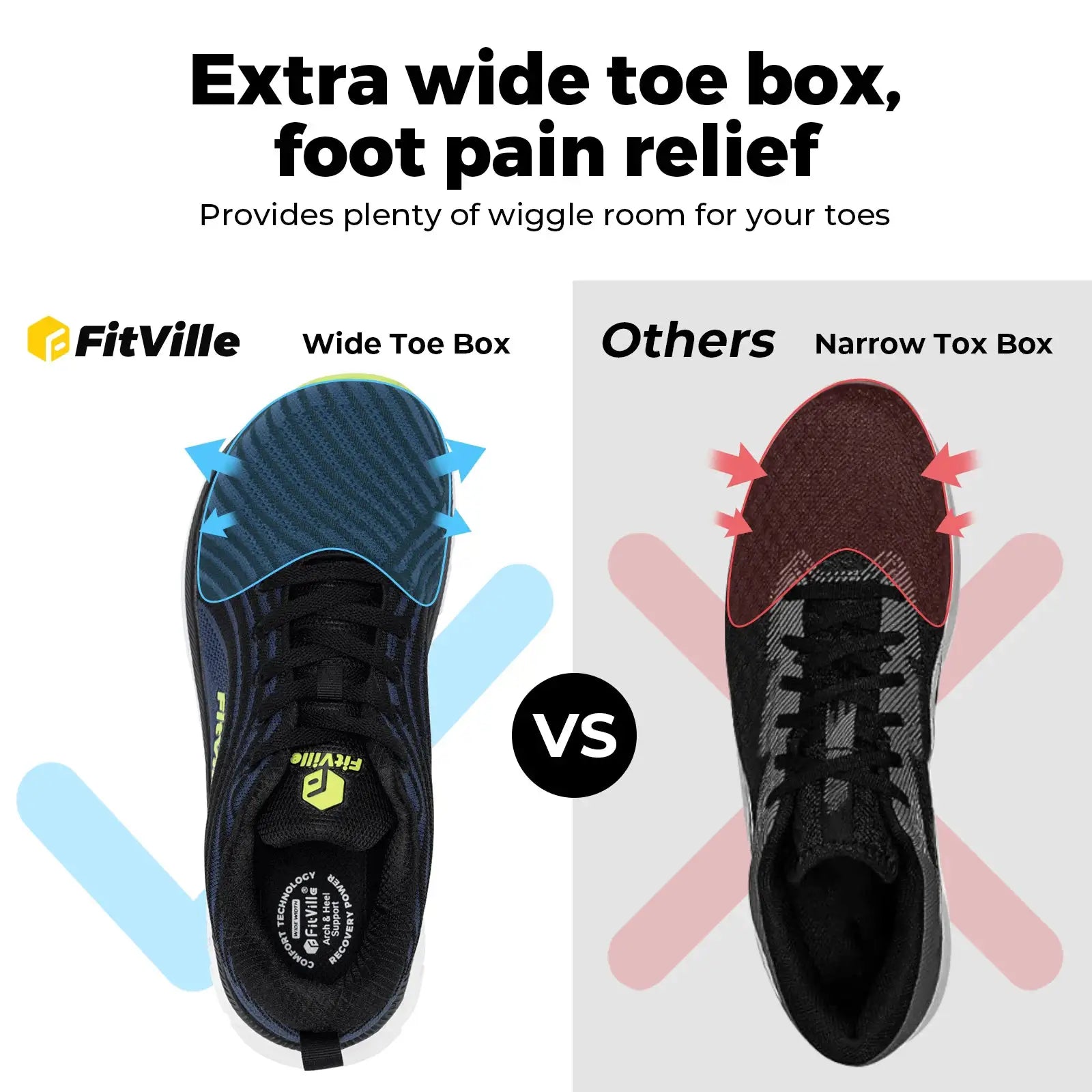 FitVille wide-toe-box men’s running shoes, blue/black mesh, cushioned, extra-wide, non-slip — side-by-side comparison