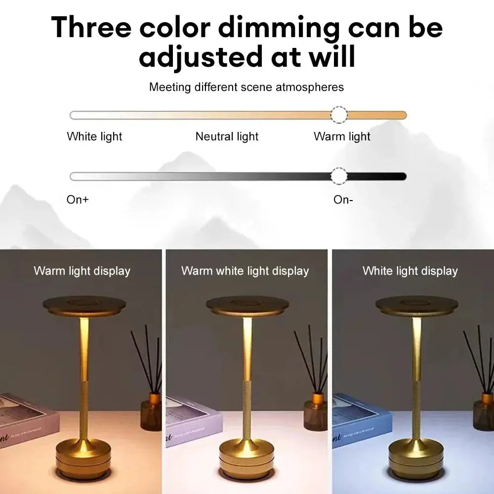 Gold-tone wireless decorative table lamp with rechargeable touch dimming and three color temperatures.