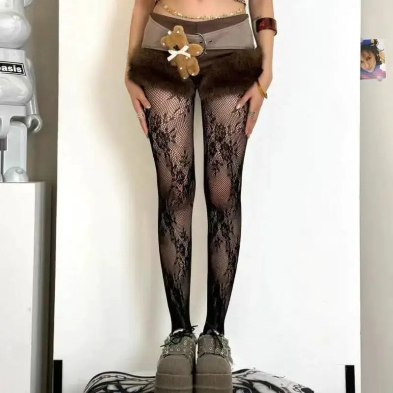 Lolita Sweet Floral Punk Style Colorful Thigh High Tights Hollow Out Mesh Fishnet Design For Women