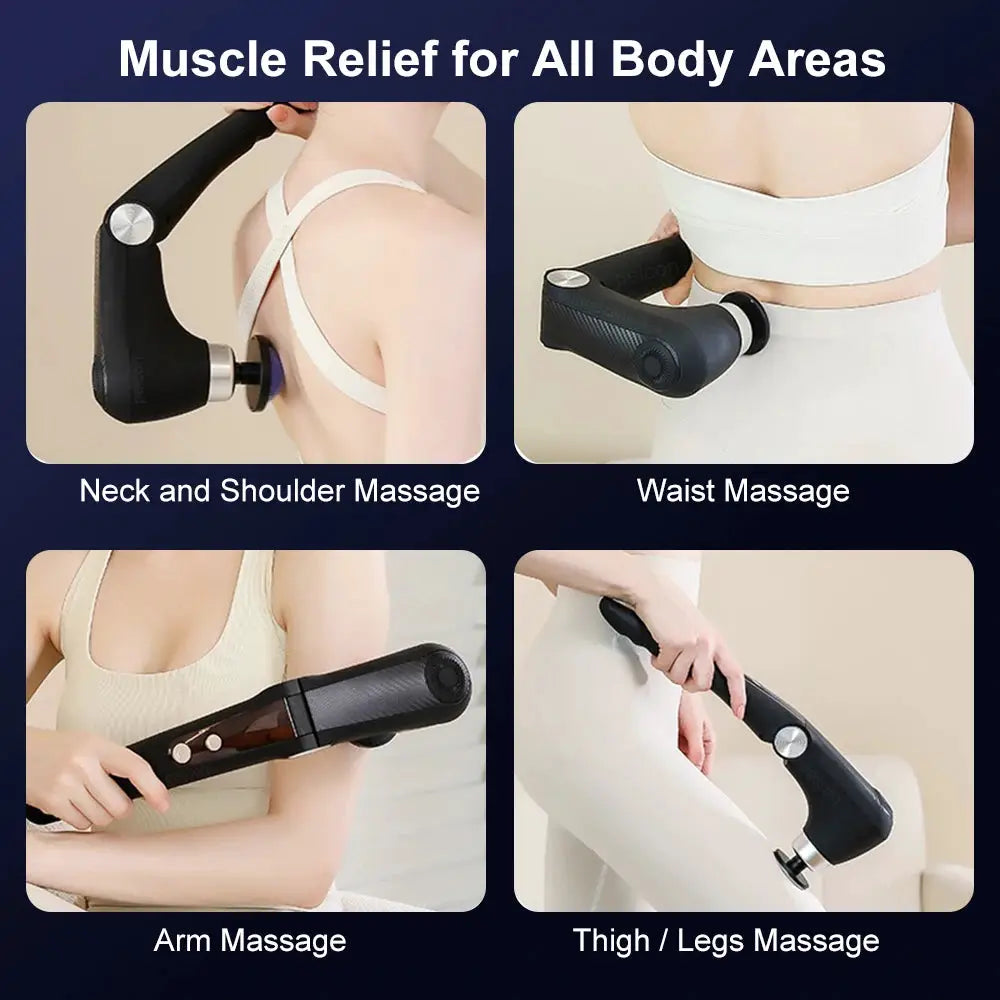 Fascia massage gun with handle, black body and silver dial for neck, shoulders, back, waist and limbs