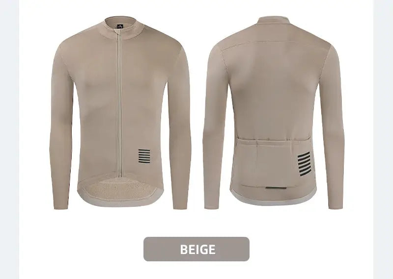 Beige men's long-sleeve cycling jacket with full front zipper and back panel pockets; thermal fleece lining
