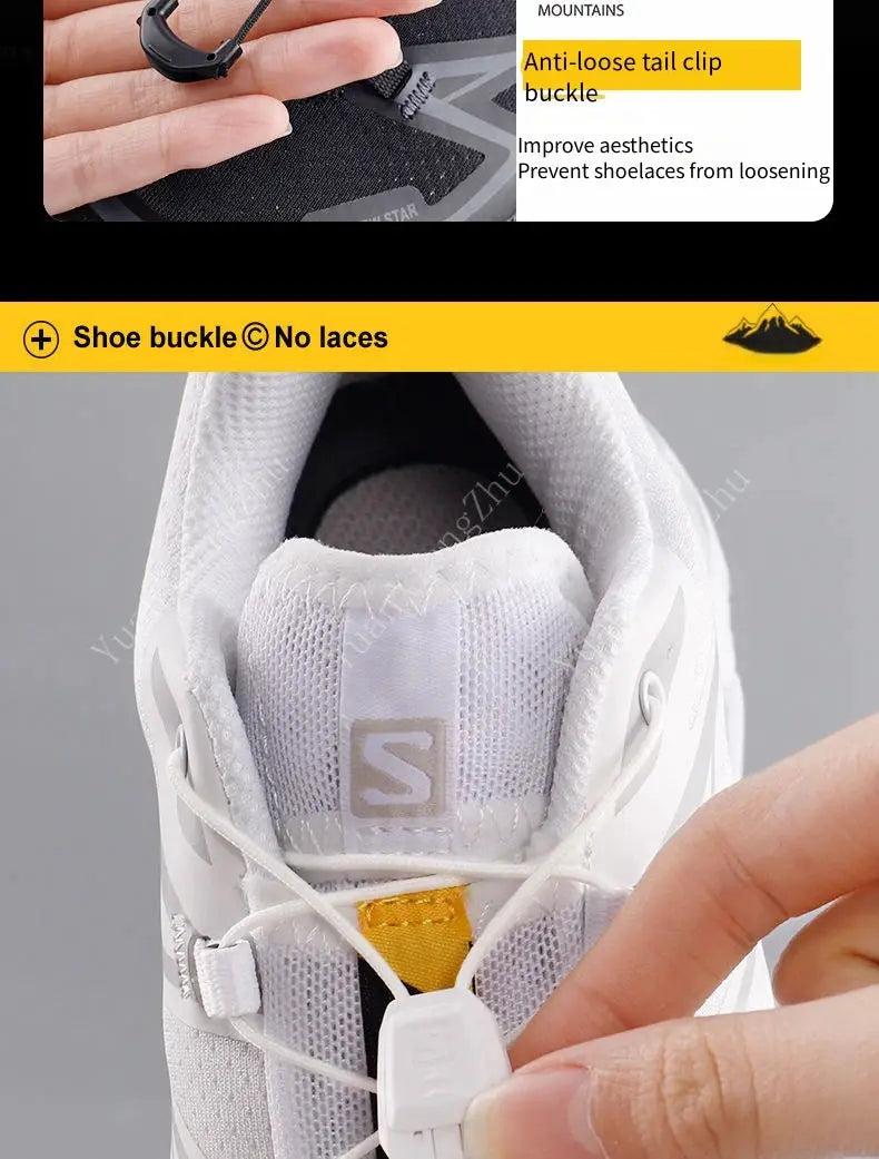 No-tie round tennis shoe laces with quick-lace toggle on white athletic sneaker