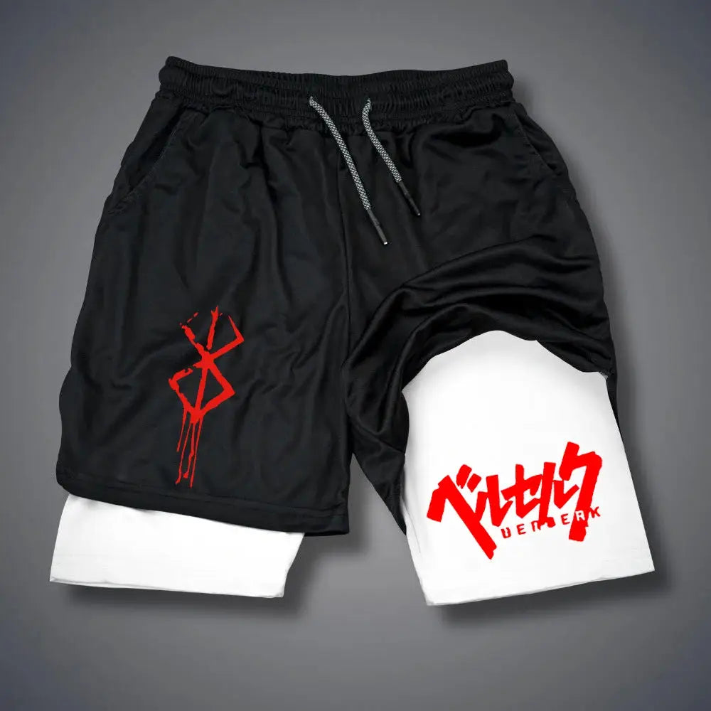 Simples Market 2-in-1 men's gym shorts with black outer layer, white inner panel, red graphics and phone pockets.