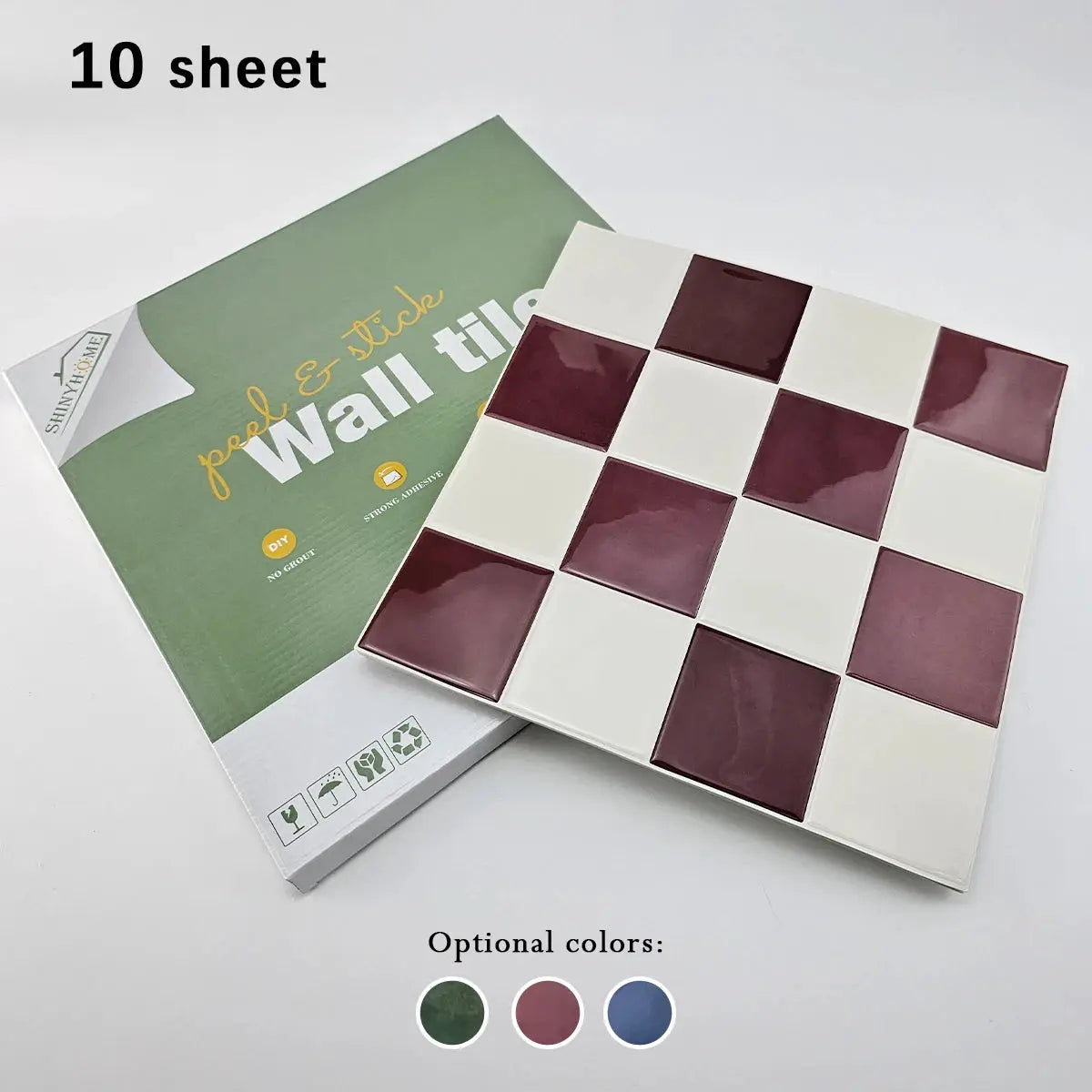 Simples Market mosaic self-adhesive wall tile sheet; burgundy and white square backsplash; 10.5in x 10.5in (10 sheets)