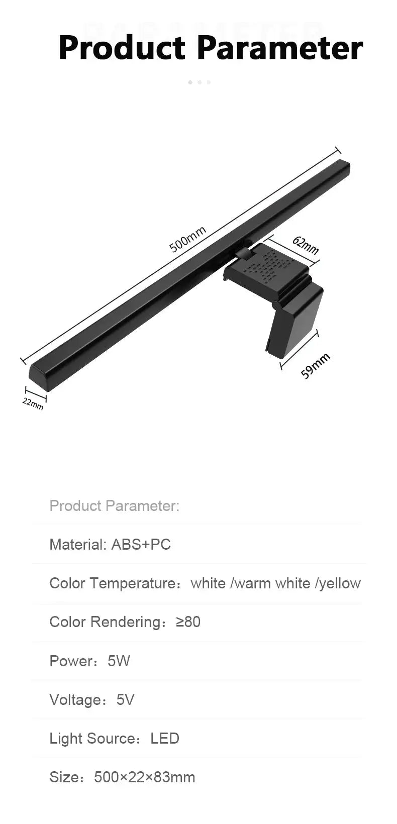50cm monitor light bar, black USB desk lamp with stepless dimming and clamp mount