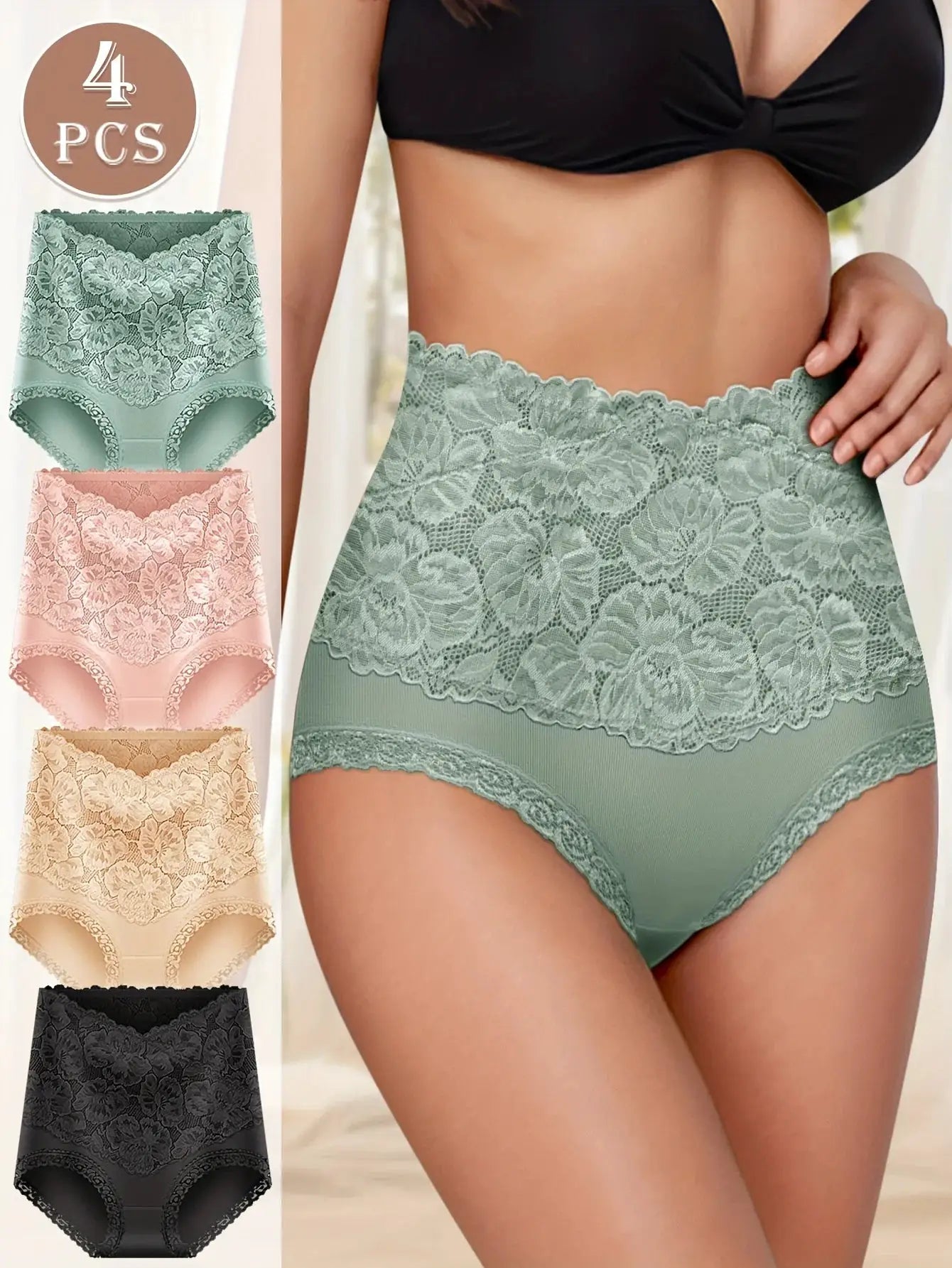 4-piece high-waisted lace panties set by Simples Market in mint green, pink, beige, and black