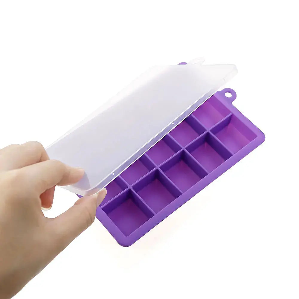 Purple silicone ice cube mold with clear lid, 24-grid tray for cocktails and drinks by Simples Market.