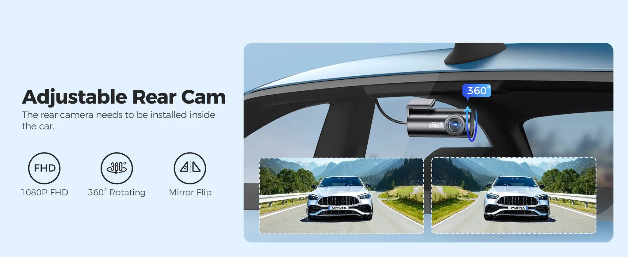 AZDOME M550 Pro dash cam with adjustable rear camera, 360° rotating, mirror flip Simples Market
