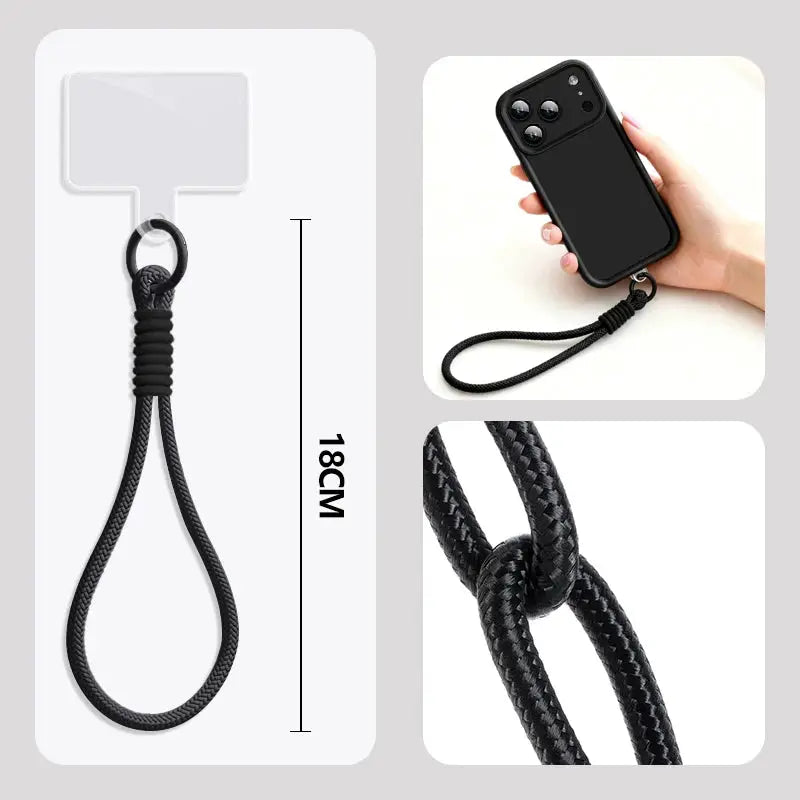 Wrist strap lanyard for iPhone TPU case by Simples Market, black braided cord, 18cm
