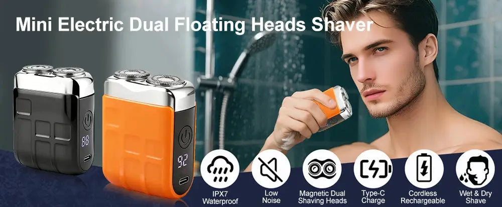 Three mini electric dual-floating-head shavers by Simples Market; portable cordless razor with black and orange bodies