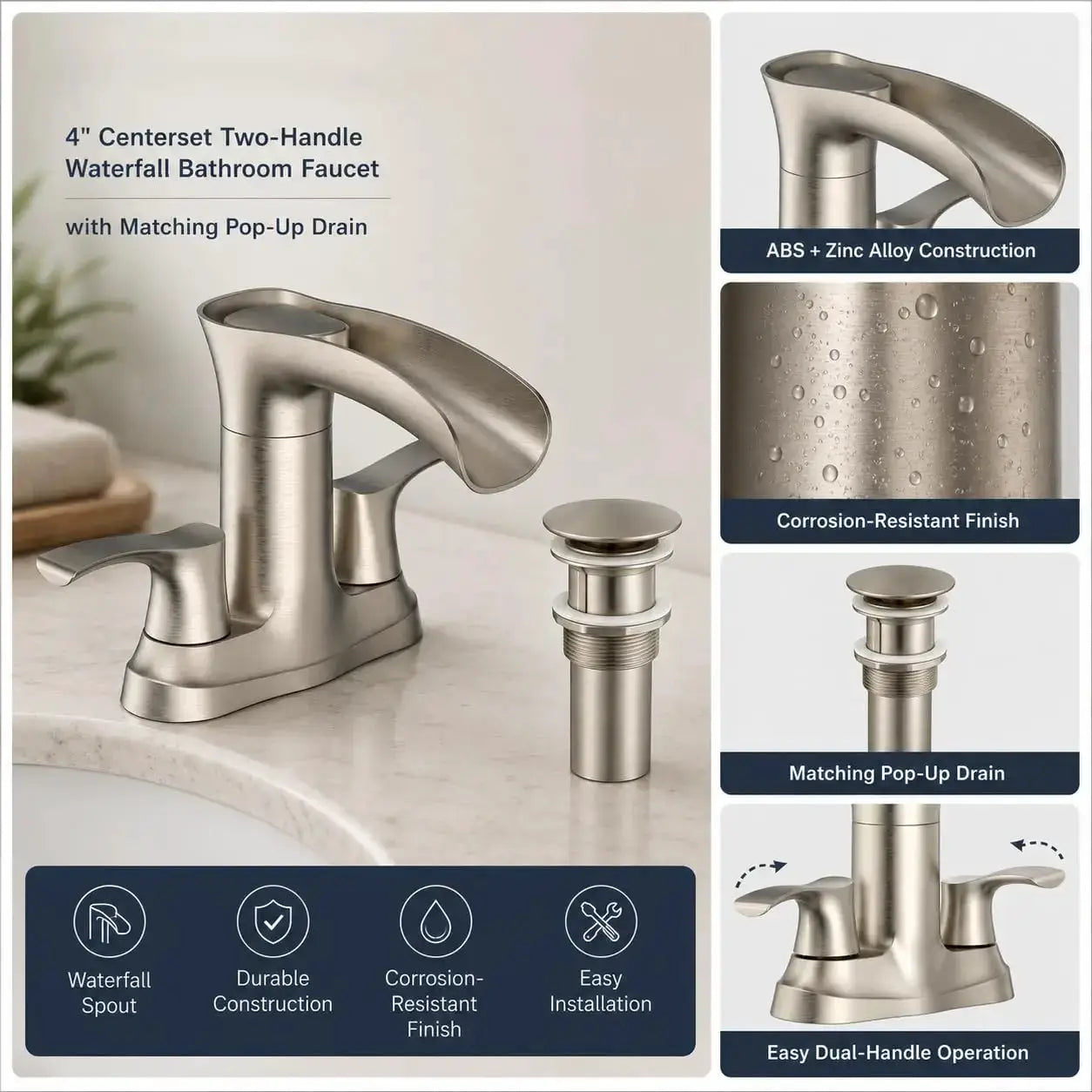 Modern Waterfall Bathroom Faucet by Simples Market in brushed nickel, 4-inch centerset, dual-handle