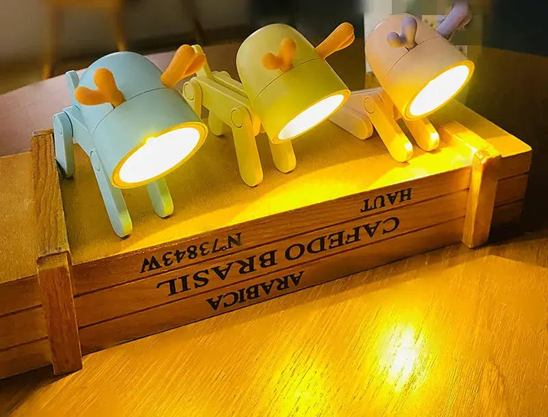LED mini night light desk lamps; three pastel animal-shaped foldable lamps for desk or kids’ room.