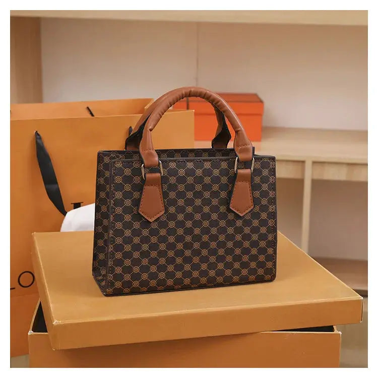 Small square top-handle tote bag in brown plaid PU leather with tan handles