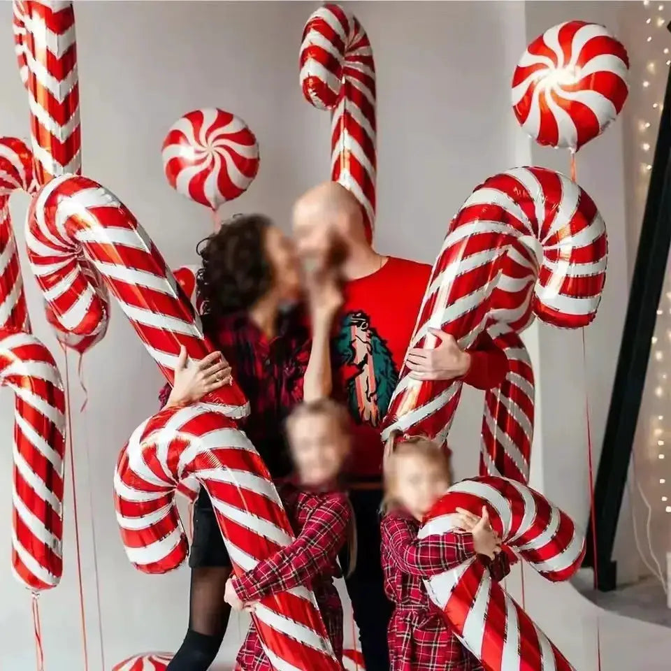 Five Piece Red Christmas Candy Cane Foil Balloons Set For New Year Holiday Party Decor