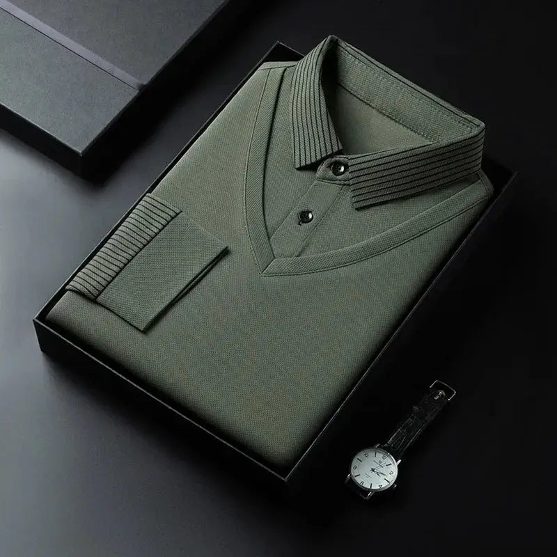 Men's olive green long-sleeve polo shirt by Simples Market in a gift box with wristwatch