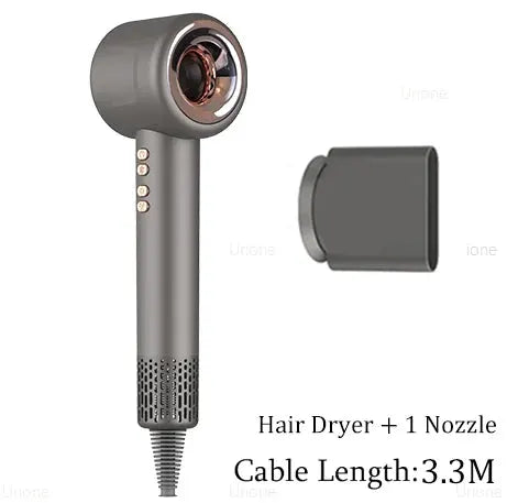 Super Hair Dryer 220V leafless styling tool, gray with detachable nozzle; includes 1 nozzle