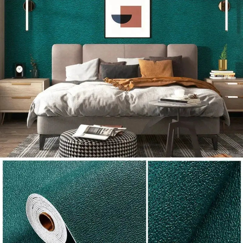 Simples Market teal linen 3D foam self-adhesive wallpaper; textured solid color, thickened waterproof wall decor.