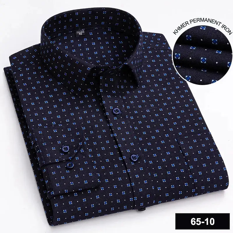 Men's navy long-sleeve shirt by Simples Market with small blue square print and single chest pocket